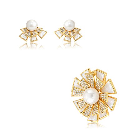 Conjunto de pingente e brinco de madre pérola com zircônia cristal banho em ouro 18k