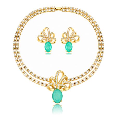 Conjunto brinco e colar luxo cravejado de zircônia navete cristal e pedra fusion turmalina banho em ouro 18k