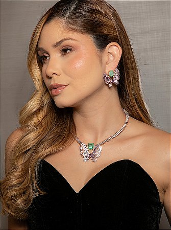 Conjunto de brinco e colar luxo borboleta cravejado de zircônia com pedra fusion turmalina banho em ouro 18k
