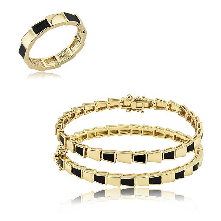 Conjunto de bracelete duplo e anel liso esmaltado banho em ouro 18k