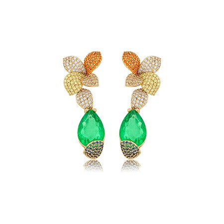 Brinco de flor cravejado de zircônia colorida com pedra fusion esmeralda banho em ouro 18k