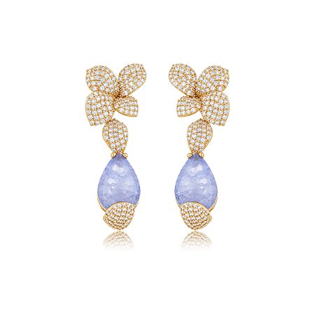 Brinco de flor cravejado de zircônia cristal com pedra fusion ametista banho em ouro 18k