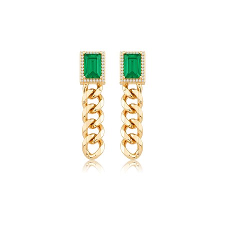 Brinco cravejado de zircônia cristal e pedra fusion esmeralda banho em ouro 18k