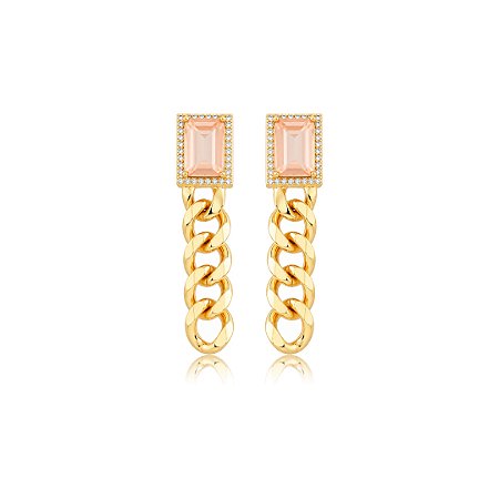 Brinco cravejado de zircônia cristal e pedra fusion morganita banho em ouro 18k