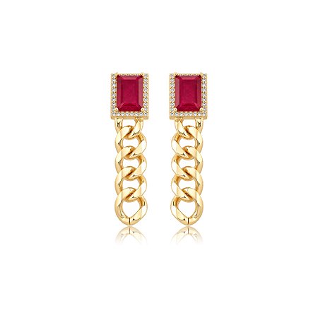 Brinco cravejado de zircônia cristal e pedra fusion rubi banho em ouro 18k
