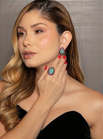 Conjunto de brinco e anel gota cravejado de zircônia pink pedra fusion turmalina banho em ouro 18k
