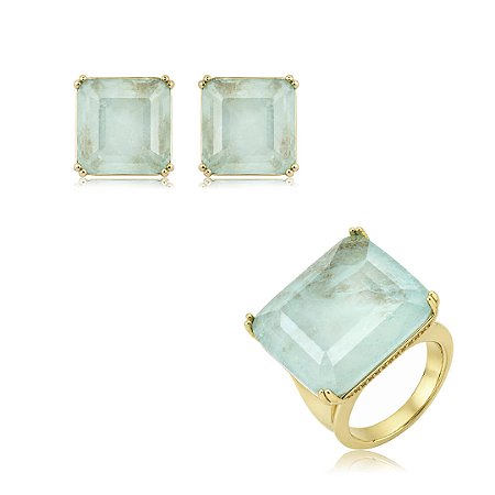Conjunto de brinco e anel com pedra fusion acqua banho em ouro 18k