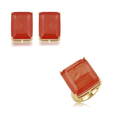 Conjunto de brinco e anel com pedra fusion coral banho em ouro 18k