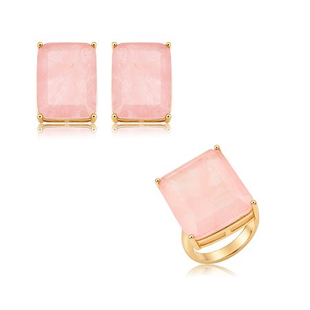 Conjunto de brinco e anel com pedra fusion rodonita banho em ouro 18k