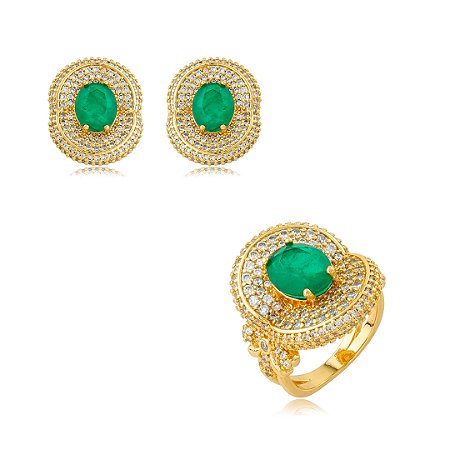 Conjunto de brinco e anel cravejado de zircônia cristal e pedra fusion esmeralda banho em ouro 18k
