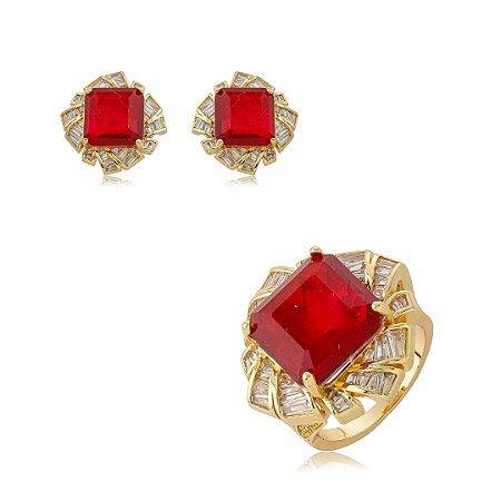 Conjunto de brinco e anel cravejado de zircônia cristal e pedra fusion rubi banho em ouro 18k