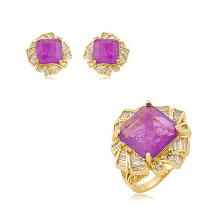 Conjunto de brinco e anel cravejado de zircônia cristal e pedra fusion fúcsia banho em ouro 18k