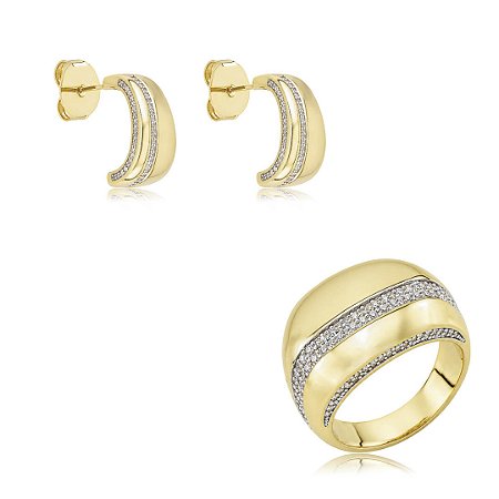 Conjunto de brinco e anel com detalhe em zircônia cristal banho em ouro 18k
