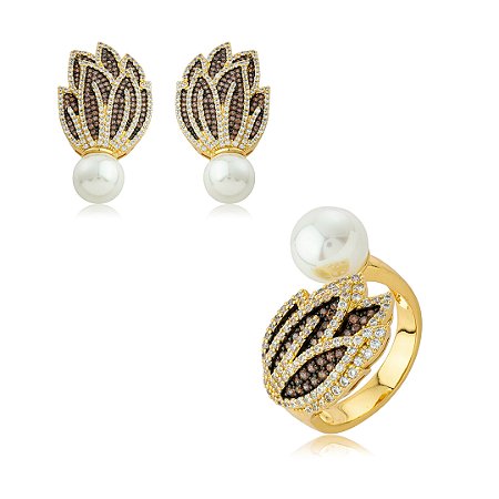 Conjunto de brinco e anel cravejado de zircônia citrino com pérola shell banho em ouro 18k
