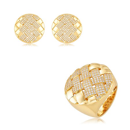 Conjunto de brinco e anel com detalhe em zircônia cristal banho em ouro 18k