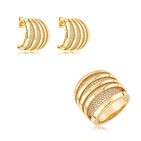 Conjunto de brinco e anel liso com detalhes em zircônia cristal banho em ouro 18k