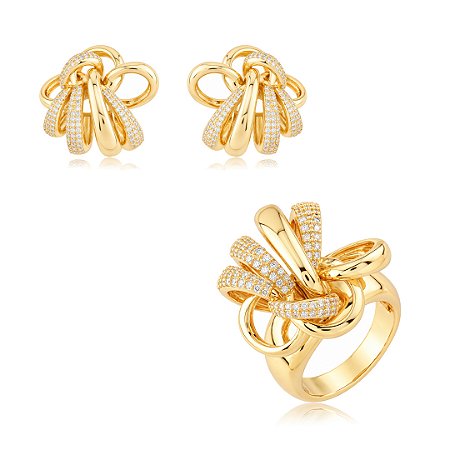 Conjunto de brinco e anel liso com detalhes em zircônia cristal banho em ouro 18k