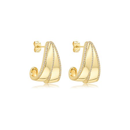 Brinco de argola liso com detalhes em zircônia cristal banho em ouro 18k