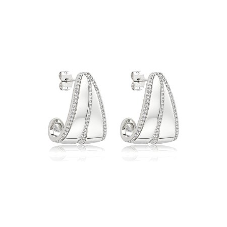 Brinco de argola liso com detalhes em zircônia cristal banho em ródio branco