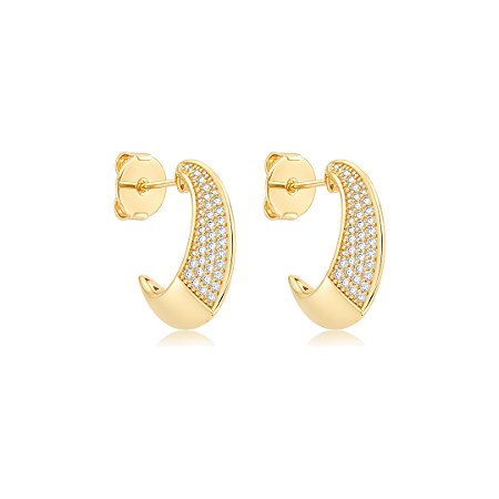 Brinco de argola liso com detalhes em zircônia cristal banho de ouro 18k