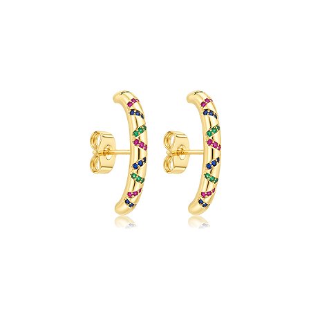 Brinco ear hook cravejado de zircônia colorida banho em ouro 18k