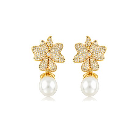 Brinco de flor cravejado de zircônia cristal com pérola shell banho em ouro 18K