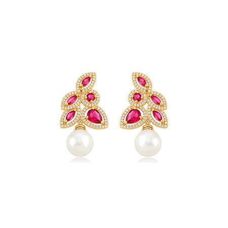 Brinco cravejado de zircônia pink com pérola shell banho em ouro 18k
