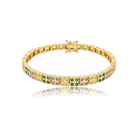Pulseira cravejada de zircônia colorida banho em ouro 18K