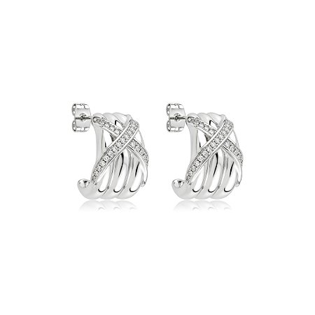 Brinco de argola liso com detalhes em zircônia cristal banho ródio branco