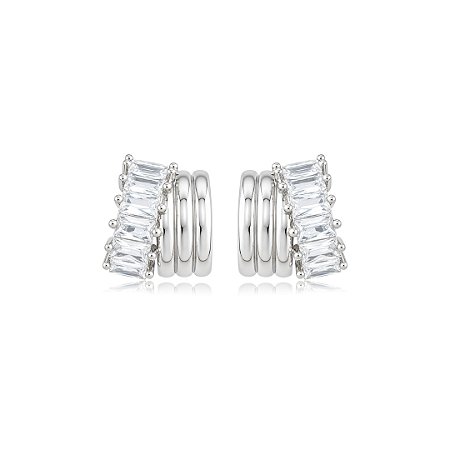 Brinco de argola com detalhes em zircônia navete cristal banho em ródio branco