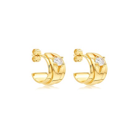 Brinco liso com detalhe em zircônia cristal banho em ouro 18k