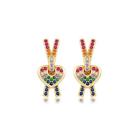 Brinco cravejado de zircônia colorida banho em ouro 18k