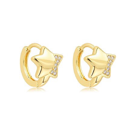 Brinco de argola liso com detalhe cravejado de zircônia cristal banho em ouro 18k