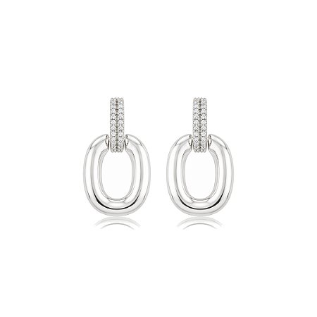 Brinco liso com detalhe cravejado de zircônia cristal banho em ródio branco