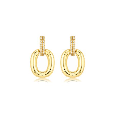 Brinco liso com detalhe cravejado de zircônia cristal banho em ouro 18k