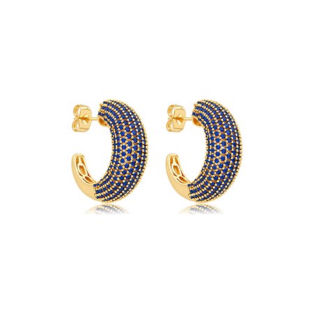 Brinco de argola cravejado de zircônia safira banho de ouro 18k
