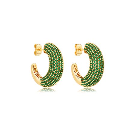 Brinco de argola cravejado de zircônia esmeralda em Banho de ouro 18k
