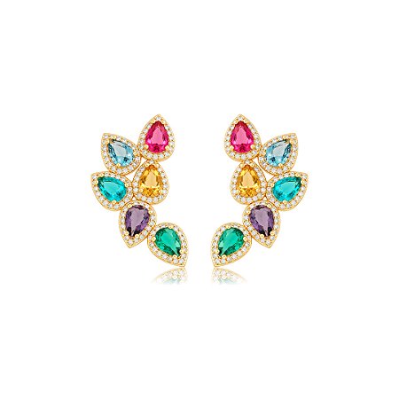 Brinco de gota cravejado de zircônia colorida banho em ouro 18k