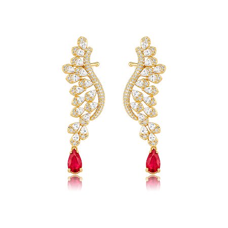 Brinco ear cuff cravejado de zircônia cristal com detalhe em zircônia rubi banho em ouro 18k