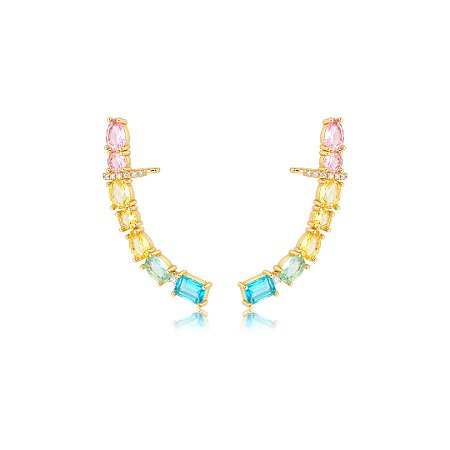 Brinco ear cuff cravejado de zircônia colorida banho em ouro 18k