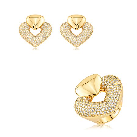 Conjunto de brinco e anel coração cravejado de zircônia cristal banho em ouro 18k