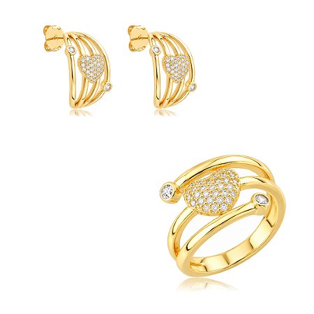Conjunto de brinco e anel coração cravejado de zircônia cristal banho em ouro 18k
