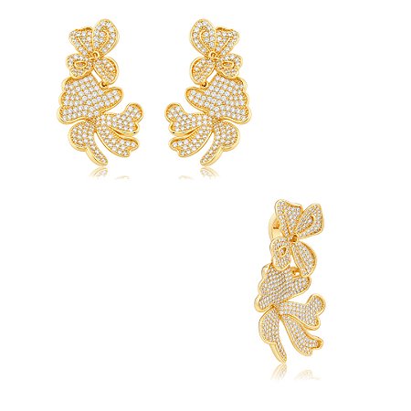 Conjunto de brinco e pingente de flor cravejado de zircônia cristal banho em ouro 18k