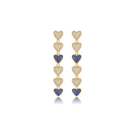 Brinco de coração cravejado de zircônia cristal e safira banho em ouro 18k