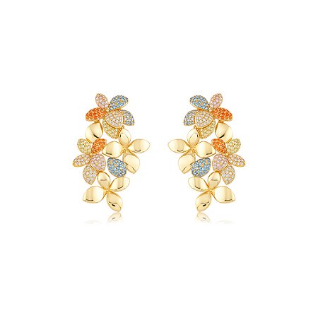 Brinco de flor dourado cravejado de zircônia colorida banho em ouro 18k