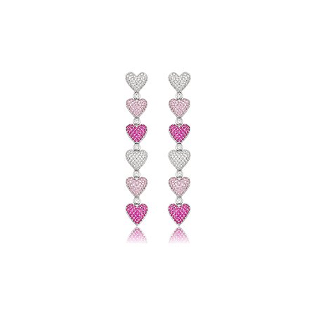 Brinco de coração cravejado de zircônia cristal e pink banho em ródio branco