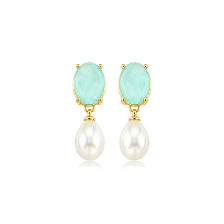 Brinco com pedra fusion acqua e pérola shell ouro 18k