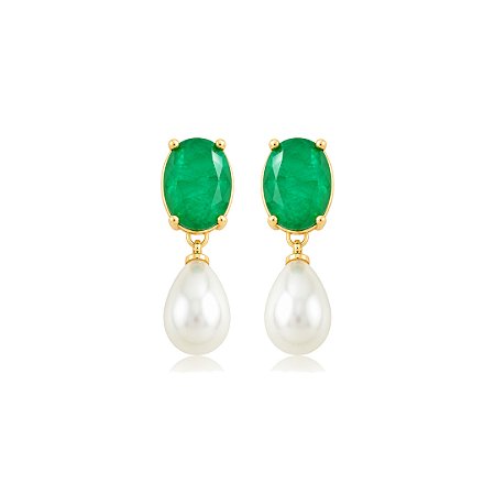 Brinco com pedra fusion esmeralda e pérola shell ouro 18k