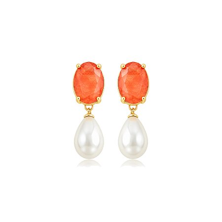 Brinco com pedra fusion coral e pérola shell ouro 18k