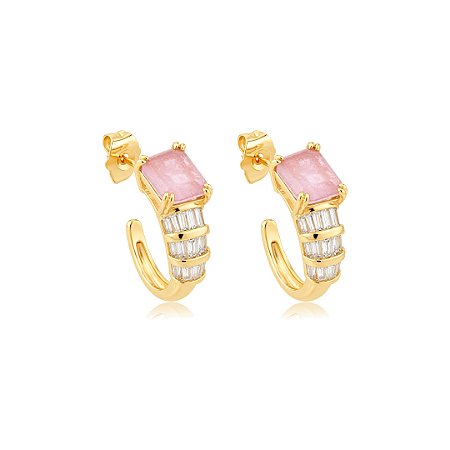 Brinco de argola cravejado de zircônia cristal e pedra fusion rodonita banho em ouro 18k